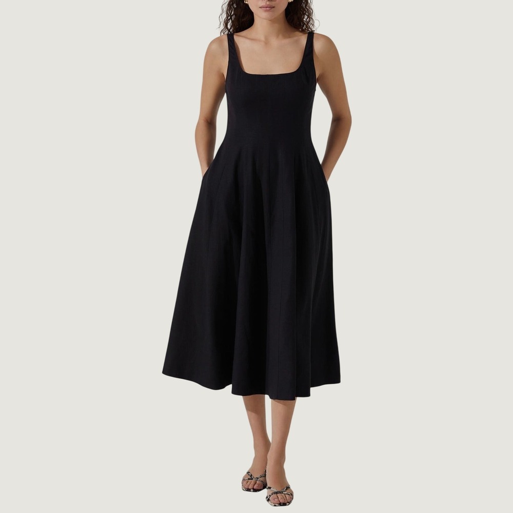 ASTR The Label Black Square Neck Linen blend Midi Dress Pockets | Size XL NWT